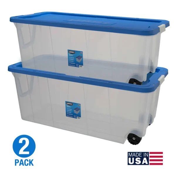 Hart - 200 Quart Clear Latching Rolling Plastic Storage Bin, Clear Tote/Blue Lid, Set of 2