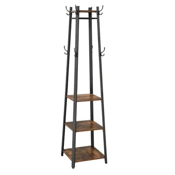 VASAGLE Industrial Coat Rack, Coat Stand with 3 Shelves, Ladder Shelf with Hooks