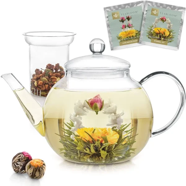 Teabloom Stovetop & Microwave Safe Glass Teapot (34-40oz/1000-1200ml) with Removable Loose Tea Glass Infuser - Includes 2 Blooming Teas - Premium