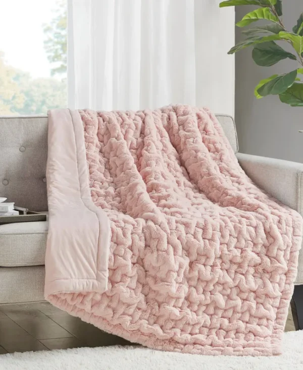 Madison Park Blush Ruched Fur Throw