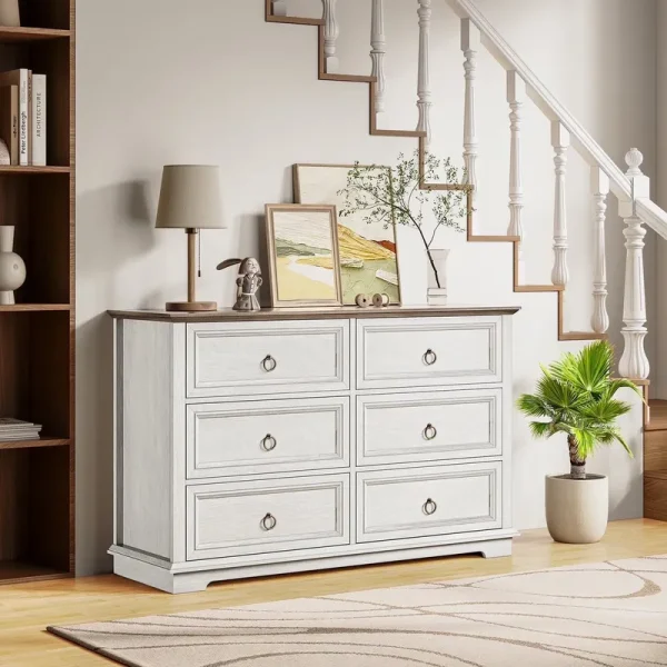 FAGAGA 6 Drawers Dresser for Living Room, Storage Cabinet Wooden Dressers Organizer for Bedroom, White