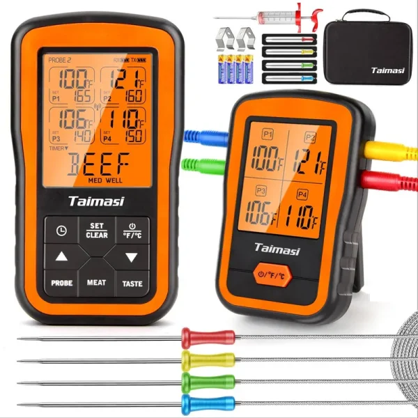 TAIMASI Wireless Digital Meat Thermometer with 4 Probes & Meat Injector, Upgraded 500ft Remote Range Cooking Food Thermometer for Grilli