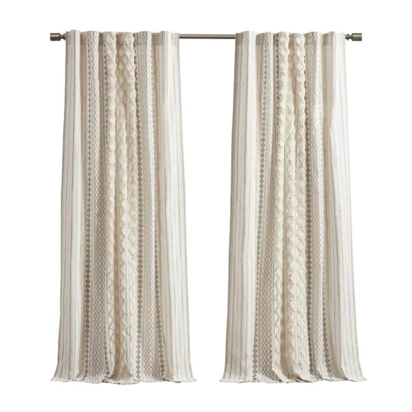 Imani Cotton Printed Curtain Panel with Chenille Stripe and Lining - Ivory - INK+IVY
