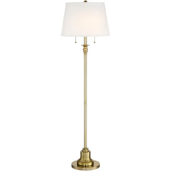 360 Lighting Traditional Floor Lamp Brushed Antique Brass Metal Off White Linen Fabric Drum Shade for Living Room Reading Bedroom
