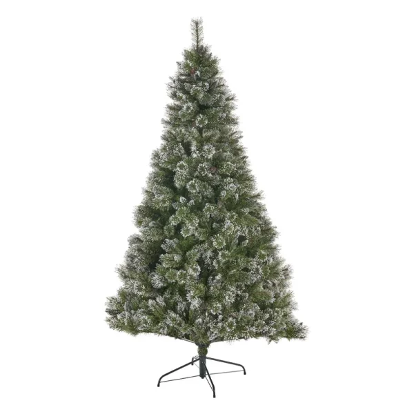 Noble House - 7.5' Cashmere Mixed Needles Unlit Hinged Artificial Christmas Tree with Snow and Glitter Branches with Frosted Pinecones - Green