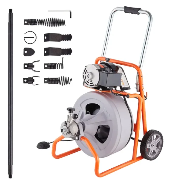 KFFKFF Drain Cleaning Machine 75FT x 1/2 in with Auto Feed, Mobile Drain Clearing Equipment, Includes 8 Cutters & Foot - Operated Air Switch, Suitable for 2" - 4" Pipes