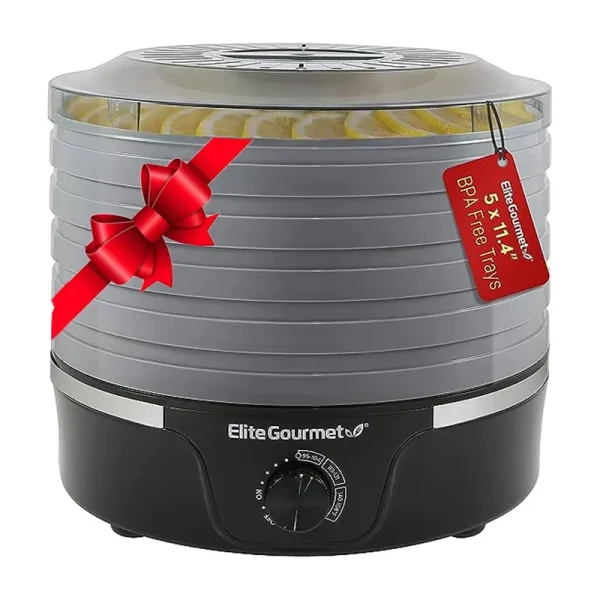 Elite Gourmet EFD319BNG Food Dehydrator, 5 BPA-Free 11.4" Trays Adjustable Temperature Controls, Jerky, Herbs, Fruit, Veggies, Dried Snacks, Black