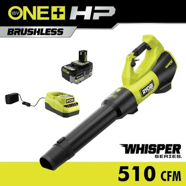 ONE+ HP 18V Brushless Whisper Series 130 MPH 510 CFM Cordless Battery Leaf Blower with 6.0 Ah Battery and Charger