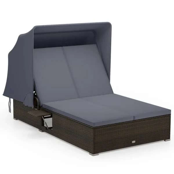 Tangkula Outdoor Rattan Daybed with Canopy & 6-Level Adjustable Backrests