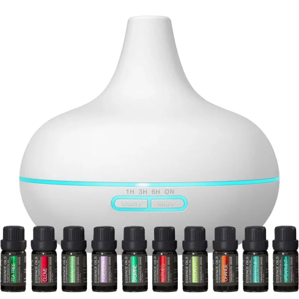 Ultimate Aromatherapy Diffuser & Essential Oil Set - Ultrasonic Diffuser & Top 10 Essential Oils - Modern Diffuser with 4 Timer & 7 Ambient Light