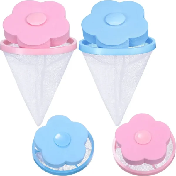 Hestya Household Reusable Washing Machine Floating Lint Mesh Bag Hair Filter Net Pouch, 4 Pieces (Blue and Pink)