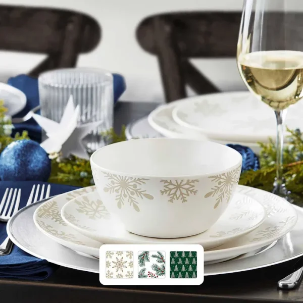 Member's Mark 12-Piece Stoneware Holiday Dinnerware Set | Snowflakes