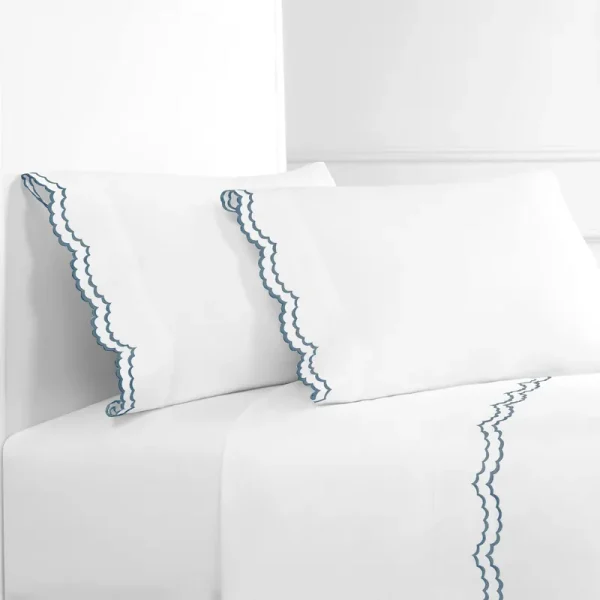 Melange Home Percale Cotton Double Scalloped Embroidered Crisp Sheet Set Queen - Navy