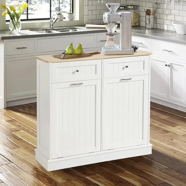 KIGOTY Dual Kitchen Trash Cabinet, Double Tilt Out Trash Can Cabinet with Countertop and Drawer, Free - Standing Pet Proof Recycling Cabinet Garbage Can Holder, Wood (White)