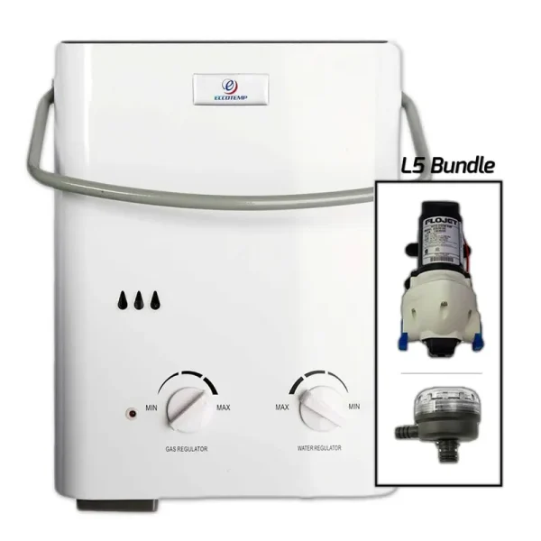 Eccotemp L5 Point-of-Use Outdoor Tankless Portable Water Heater with Flojet Pump and Strainer - Liquid Propane - 1.5 GPM
