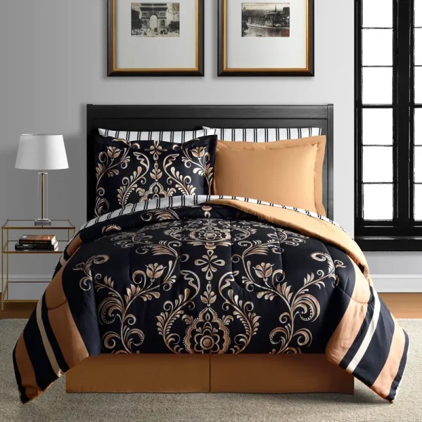 Sabrina Reversible Comforter Set Black/Gold / Full