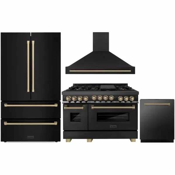 ZLINE 48 in. Autograph Edition Kitchen Package with Black Stainless Steel Dual Fuel Range, Range Hood, Dishwasher and Refrigeration Champagne Bronze