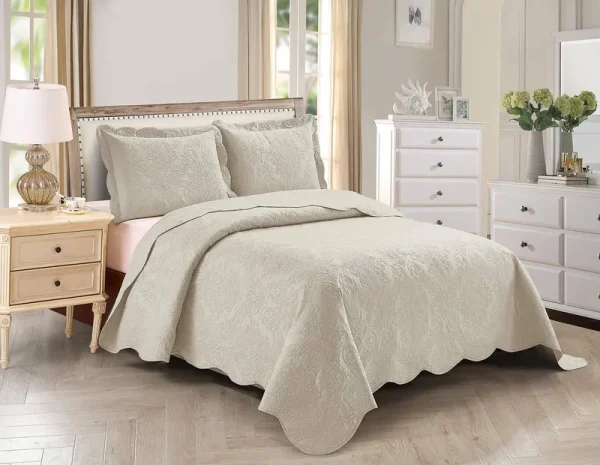 Home Collection 3PC Full/Queen Over Size Elegant Embossed Bedspread Set Light Weight Solid Beige New