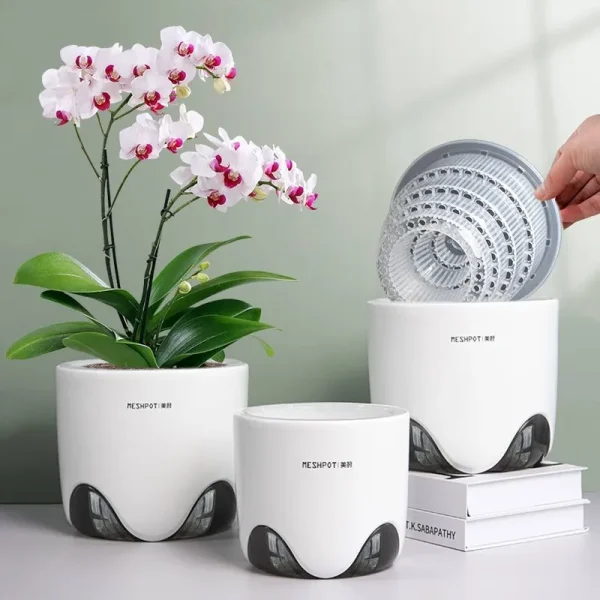 Meshpot 6 inch Orchid Pots with Holes,Set of 1,Double Layer Plastic Imitate Ceramic Orchid Planter Provide Good Air Circulation,Clear Orchid Pot