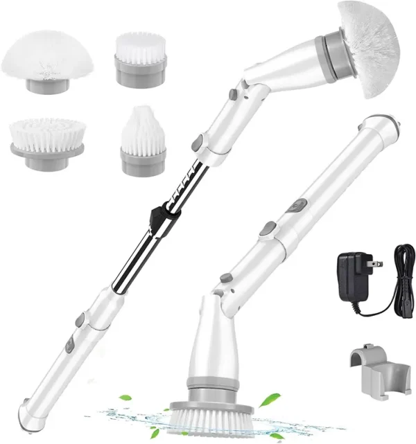 kHelfer Electric Spin Scrubber Kh8, Cordless Shower Scrubber, 4 Replacement Head, 1.5H Bathroom Scrubber Dual Speed, Shower Cleaning Brush with Exten