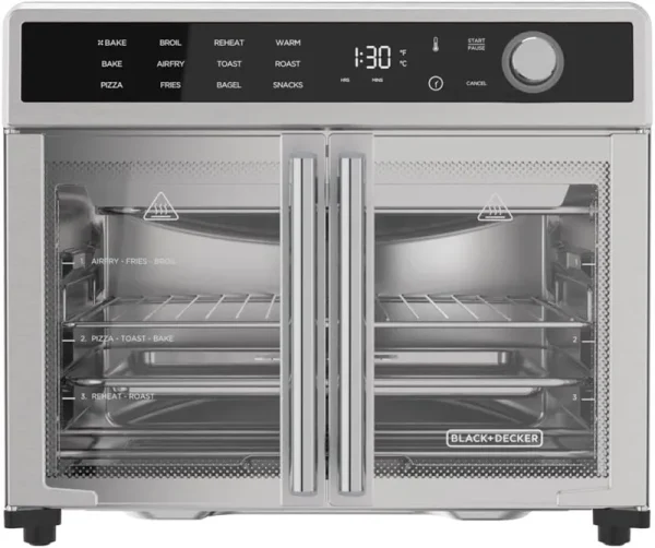 BLACK+DECKER Crisp 'N Bake Air Fryer Toaster Oven Combo, 12 in 1 Countertop Convection Oven Cooks Food Fast, Fits a Whole Pizza or 6 Toast Slices, French Doors with Stainless Steel Finish