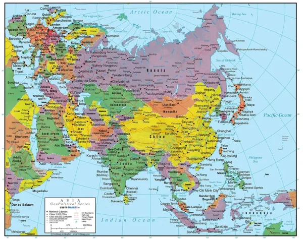 Asia Wall Map Geopolitical Edition by Swiftmaps (18x22 Laminated)
