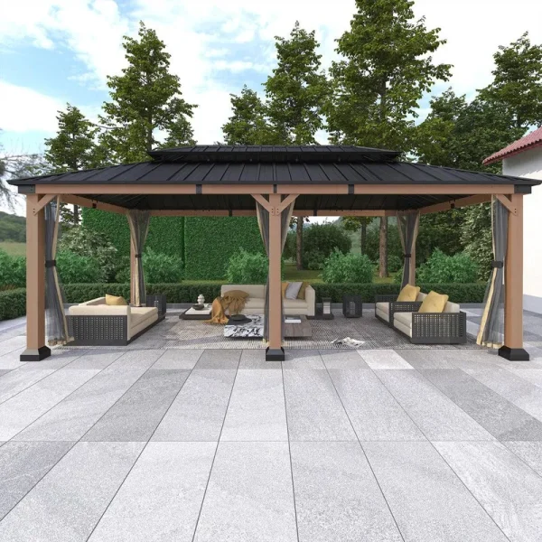 Mondawe 12x20ft Solid Cedar Wood Framed Gazebo: Galvanized Steel Double Roof Pavilion with Netting