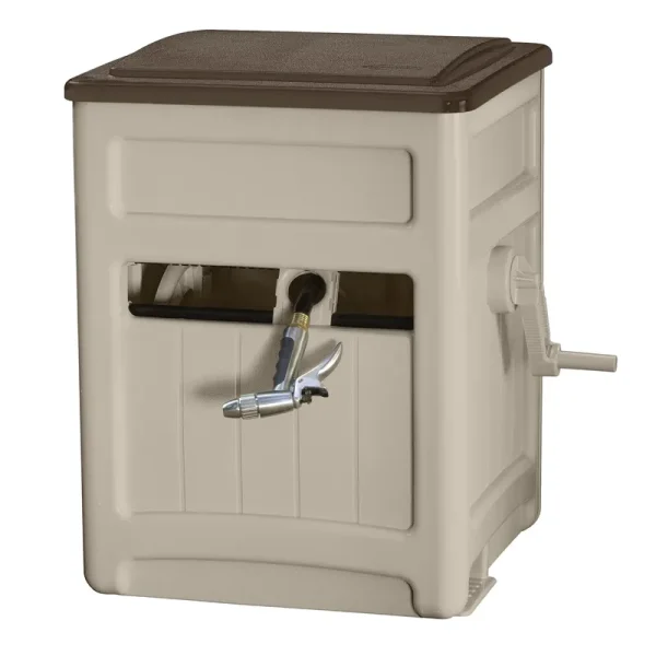 Suncast Hose Hideaway 225' Outdoor Garden Hose Reel with Storage Bin and Hose Guide, Taupe