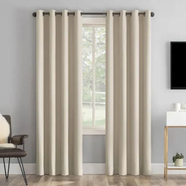 Sun Zero Tyrell 50"W x 63"L Ecru Tonal Texture Draft Shield Fleece Insulated 100% Blackout Grommet Curtain Panel, White