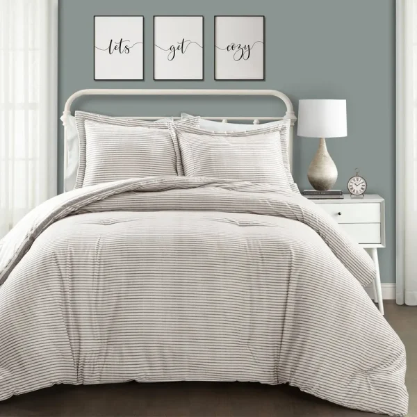 Lush Decor Farmhouse Stripe 3 Piece Comforter Set (Gray - King)