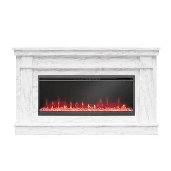 Novogratz Waverly Wide Mantel with Linear Electric Fireplace & Crystal Ember Bed, White Marble