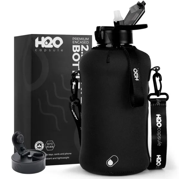 H2O Capsule 2.2L Half Gallon Water Bottle with Storage Sleeve and Covered Straw Lid - BPA Free Large Reusable Drink Container with Handle - Big Sports
