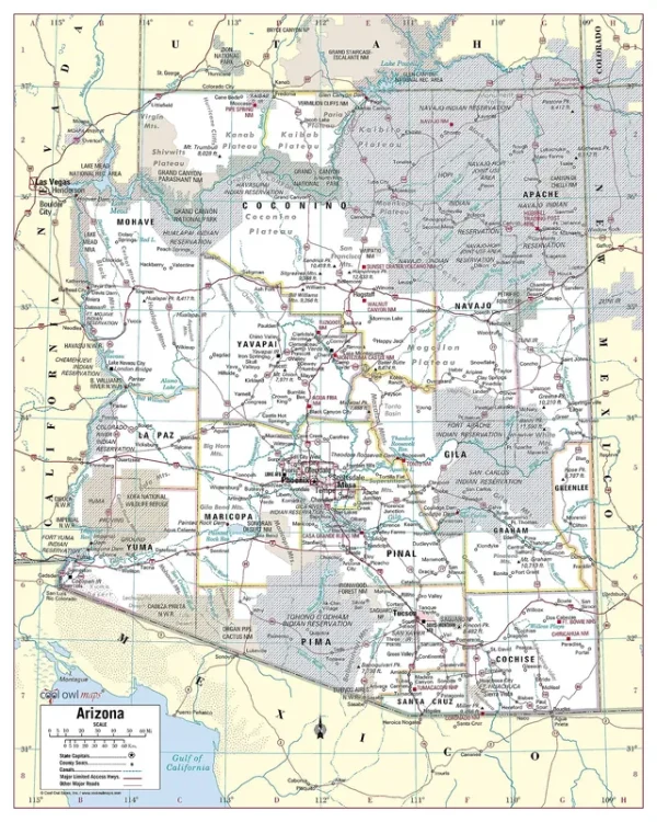 Cool Owl Maps Arizona State Wall Map Poster Rolled (Paper 24"x30")