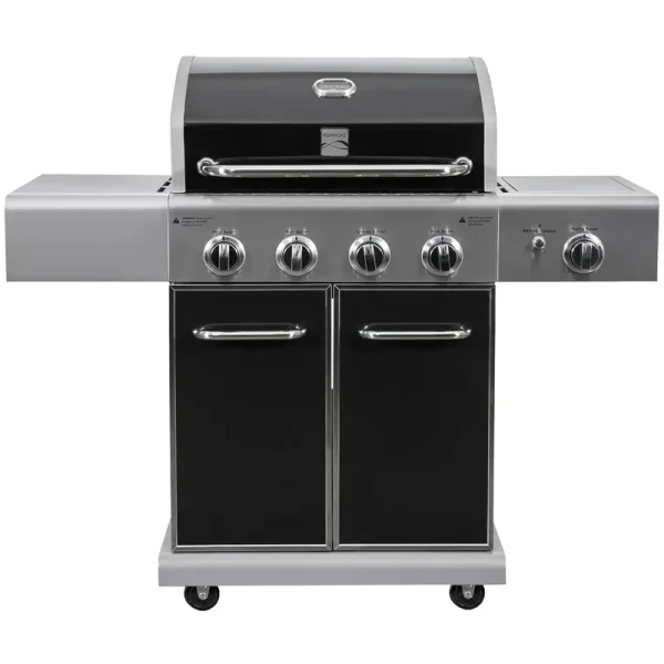 4-Burner Outdoor Propane Gas Grill with Searing Side Burner. Stainless Steel with Black Trim