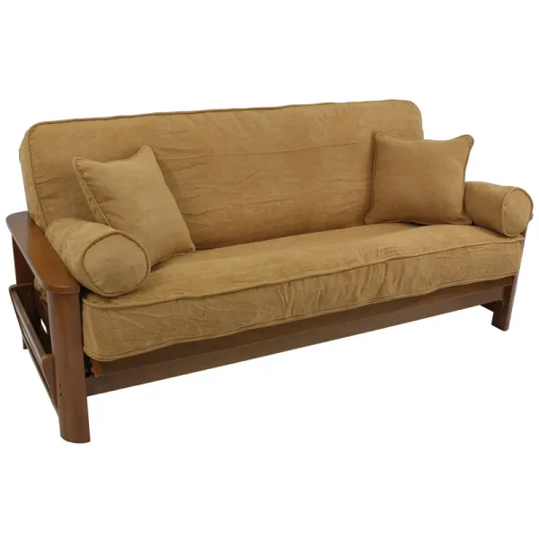 Blazing Needles 8 to 9 in. Solid MicroSuede Double Corded Full Futon Cover Set with Four Throw Pillows Camel - Set of 5