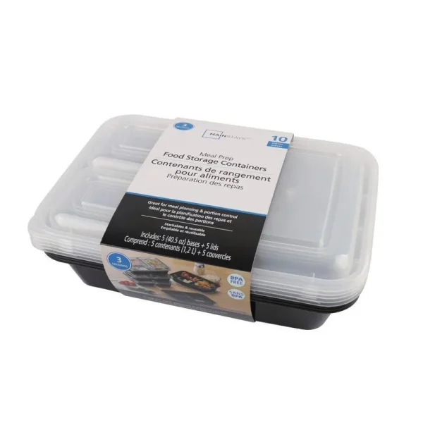 Mainstays 10pc 3 Compartment Meal Prep, Size: 1.2, Black