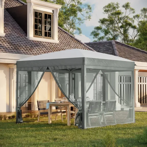 Outsunny 10' x 10' Pop Up Canopy Tent Foldable Gazebo with Netting, Wheeled Carry Bag and Sand Bags, Gray