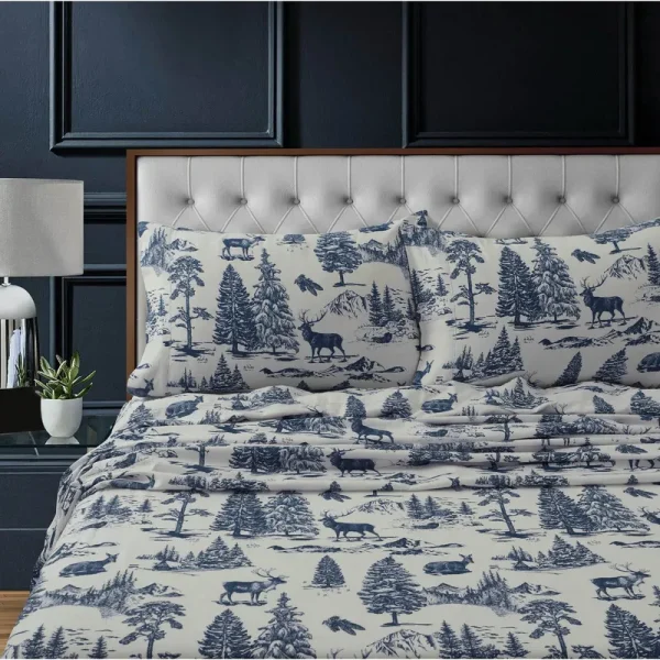 Tribeca Living Heavyweight Cotton Flannel Printed Extra Deep Pocket Sheet Set - Dark Blue - King