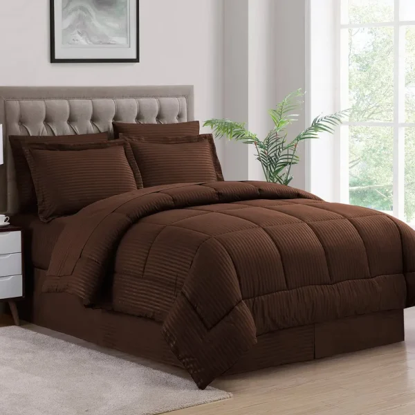 Soft Dobby 8-Piece Striped Down Alternative Bed-in-a-Bag Set w/ Sheets - Chocolate - Queen
