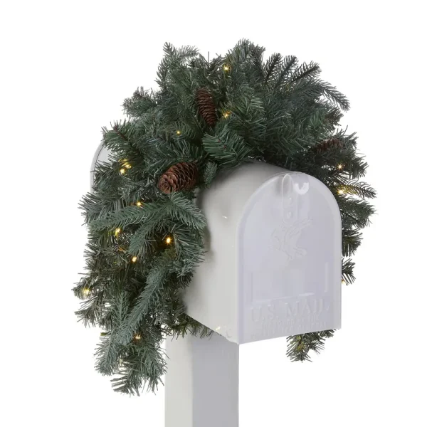 National Tree 36" Frosted Arctic Spruce Mailbox Swag with Battery Operated Warm White LED Lights
