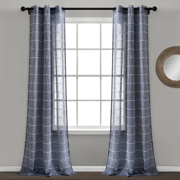 Lush Decor Farmhouse Textured Grommet Sheer Window Curtain Panels Navy 38x84 Set