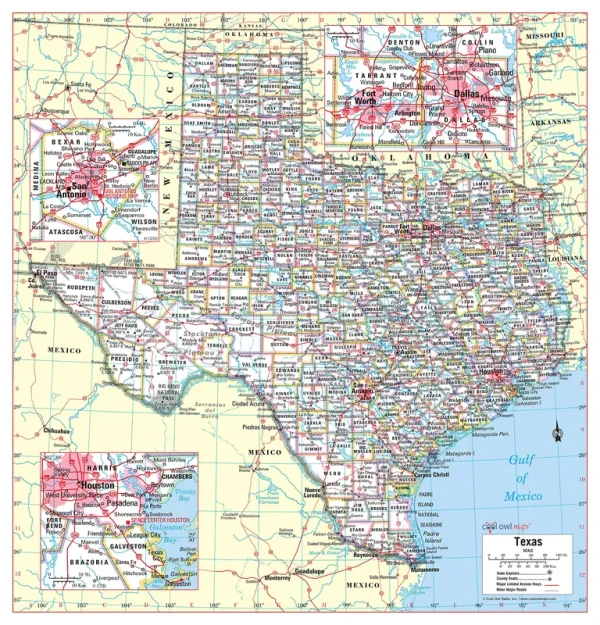 Cool Owl Maps Texas State Wall Map Poster Rolled (Laminated 30"x31")