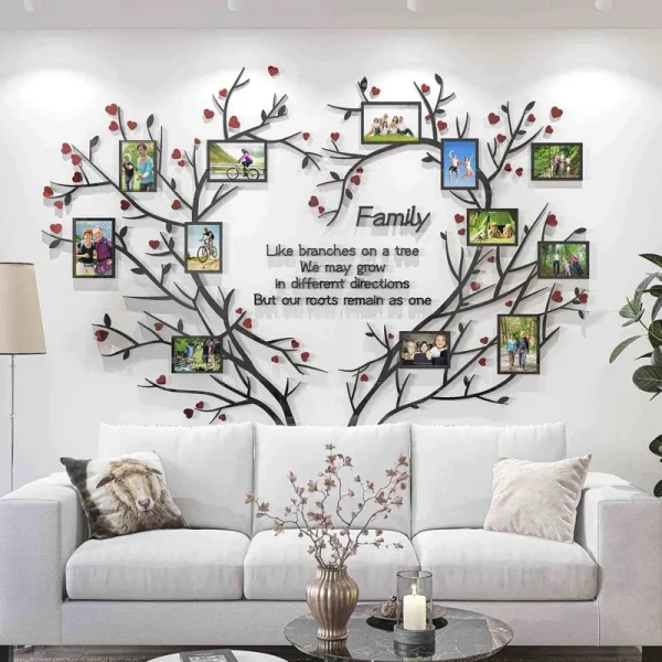 DecorSmart Love Family Tree Wall Decor Picture Frame Collage Removable 3D DIY Acrylic Wall Stickers for Living Room with Red Heart and Quote Family