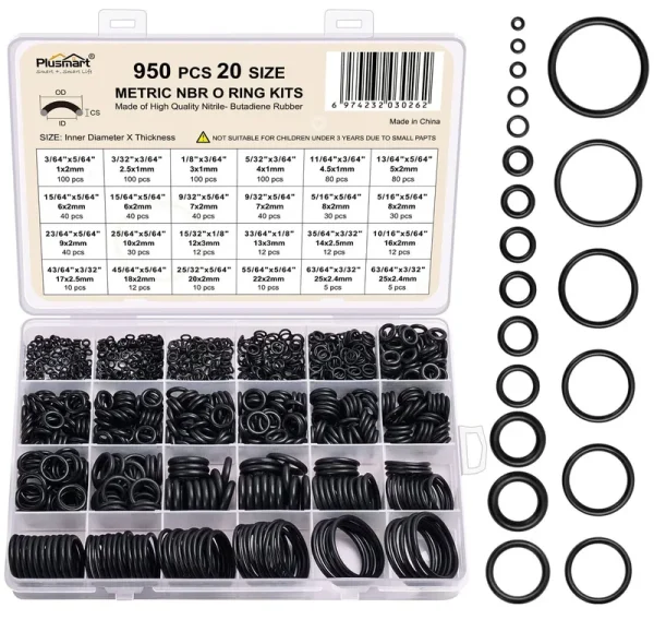 O Ring Kit, 950 Pcs Rubber O-Ring Assortment Kit, Plusmart 20 Sizes Washer Gasket Set for Pressure Washer, Plumbing Sealing Repair, Air or Gas
