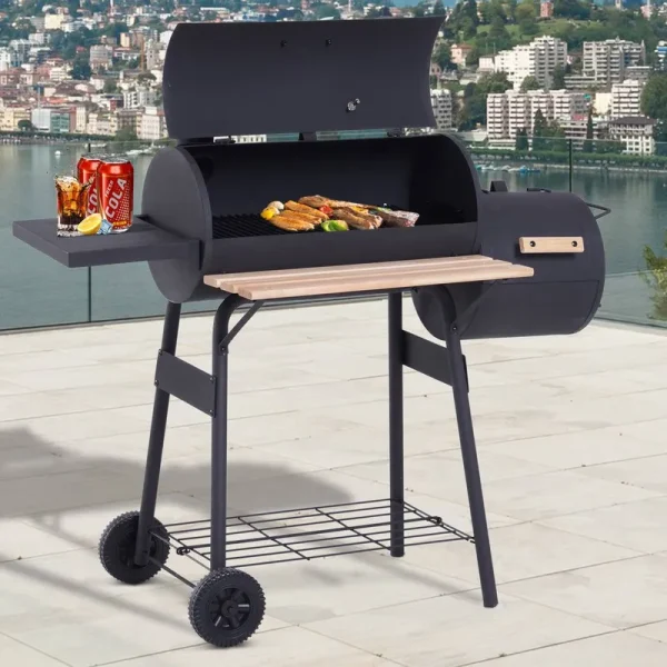 Outsunny 48" Freestanding Charcoal BBQ Grill Portable Backyard Cooking Smoker Outdoor Camp Picnic Barbecue Cooker w/ Wheels and Storage Shelves