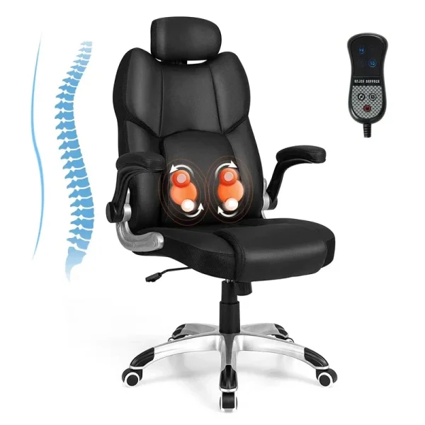 Executive 3D Kneading Massage Office Chair w/ Remote Control, PU Leather Computer Desk Chair w/ Flip-up Armrests, Adjustable Headrest & Lumbar Support
