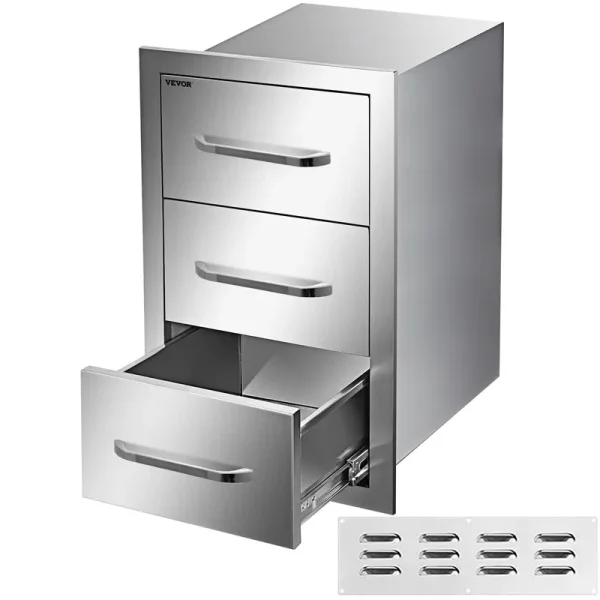 Outdoor Kitchen Drawers 16 W x 21.5 H x 18 D. Flush Mount Triple Access BBQ Drawers with Stainless Steel Handle. BBQ Island Drawers for Outdoor Kitchens or BBQ Island Patio Grill Station