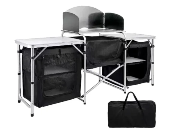 Inch Aluminum Portable Fold-Up Camping Kitchen with Windscreen and 5 Enclosed Cupboards. Cook Station. for BBQ. Camping. Picnic. Backyard