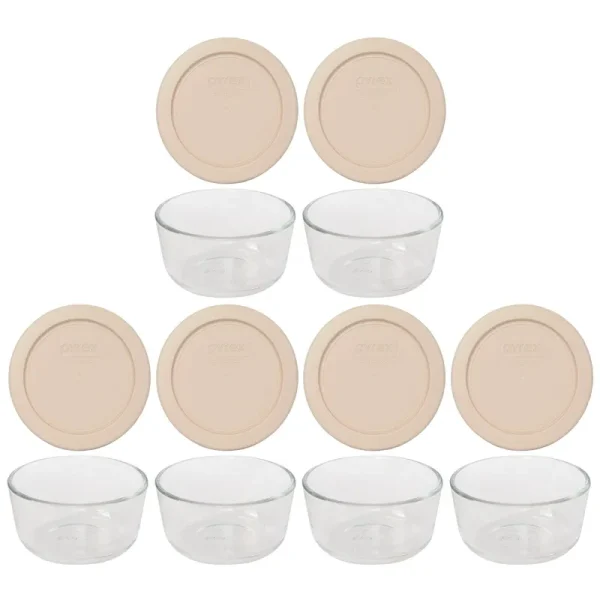 Pyrex (6) 7202 1 Cup Glass Bowls & (6) 7202-PC Blush Lids