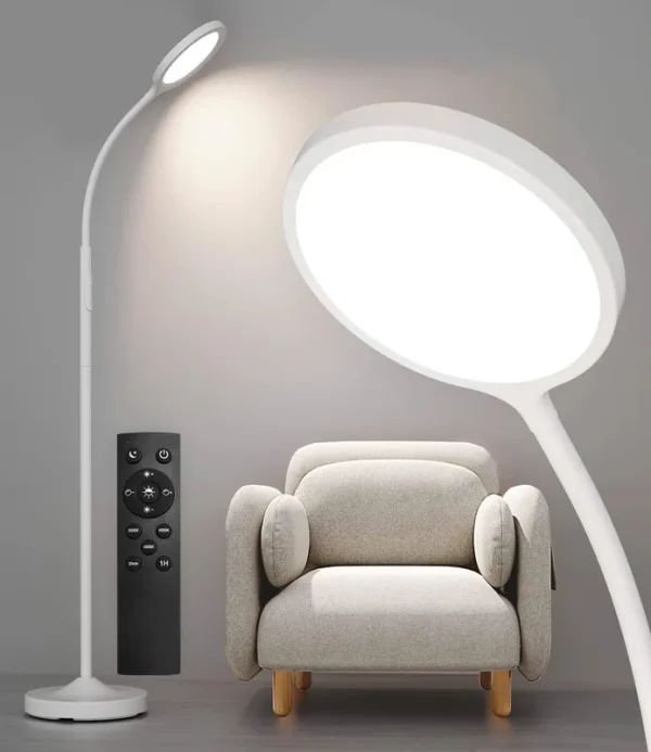 luckystyle White Floor Lamp, Super Bright Dimmable LED Floor Lamps for Living Room, Custom Color Temperature Standing Lamp with Remote Push Button, Ad